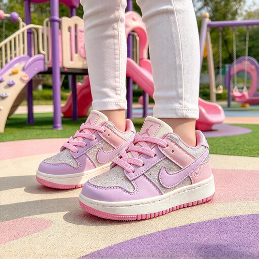 Tenis Dunk Rosa Lila Escarcha puestos en niña